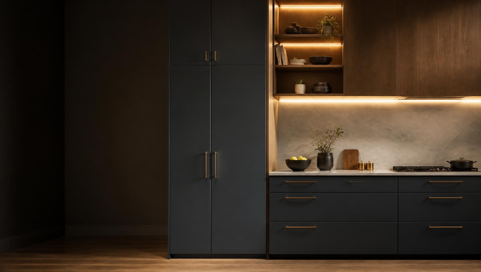 Contemporary custom kitchen with dark slate cabinetry, walnut millwork and champagne-metal details