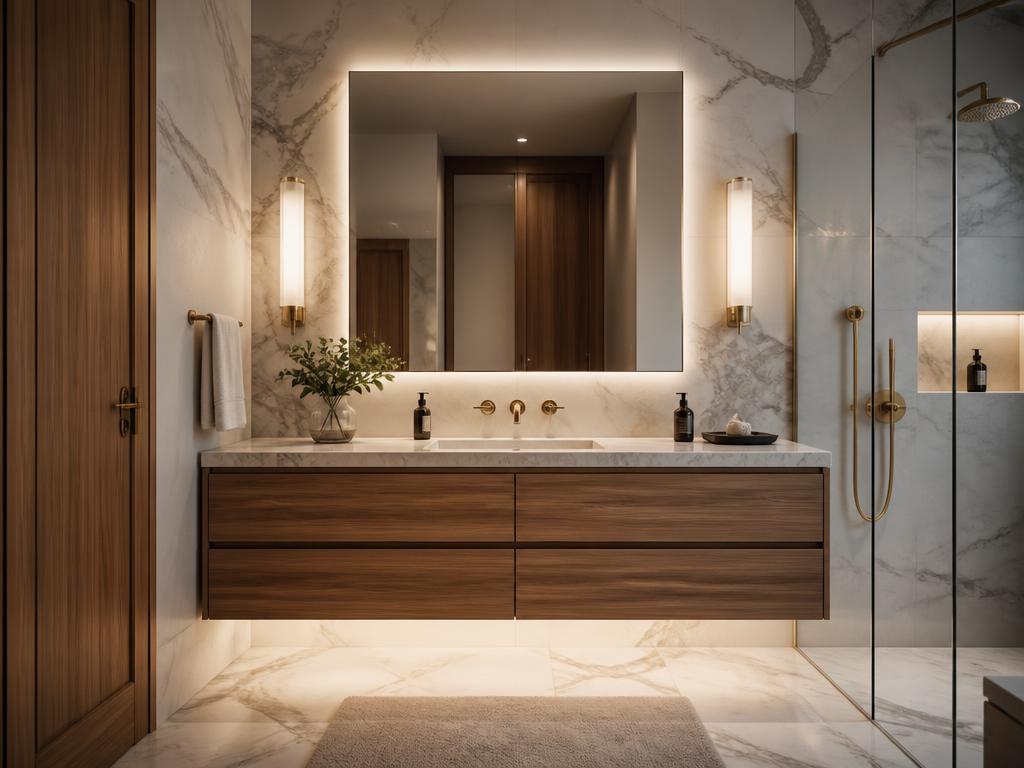 Custom floating wood bathroom vanity with marble countertop