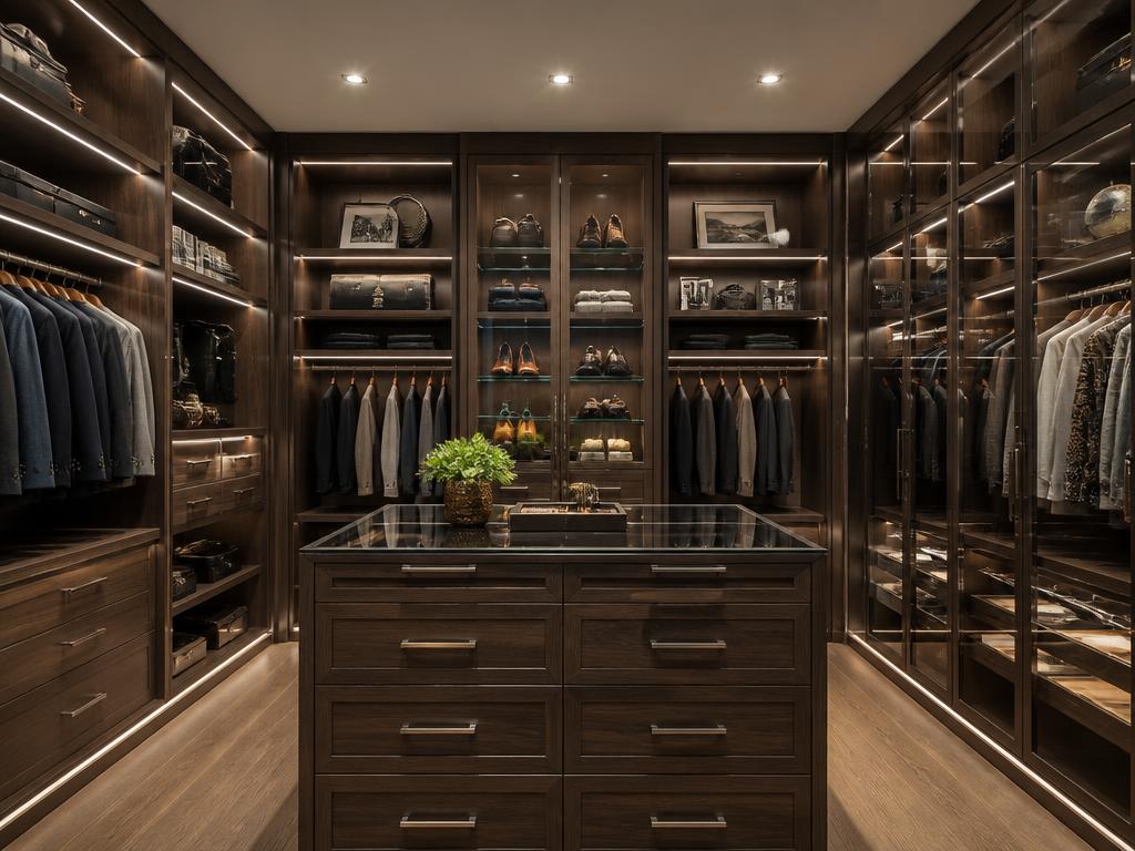 Custom walk-in closet in dark wood with integrated LED lighting