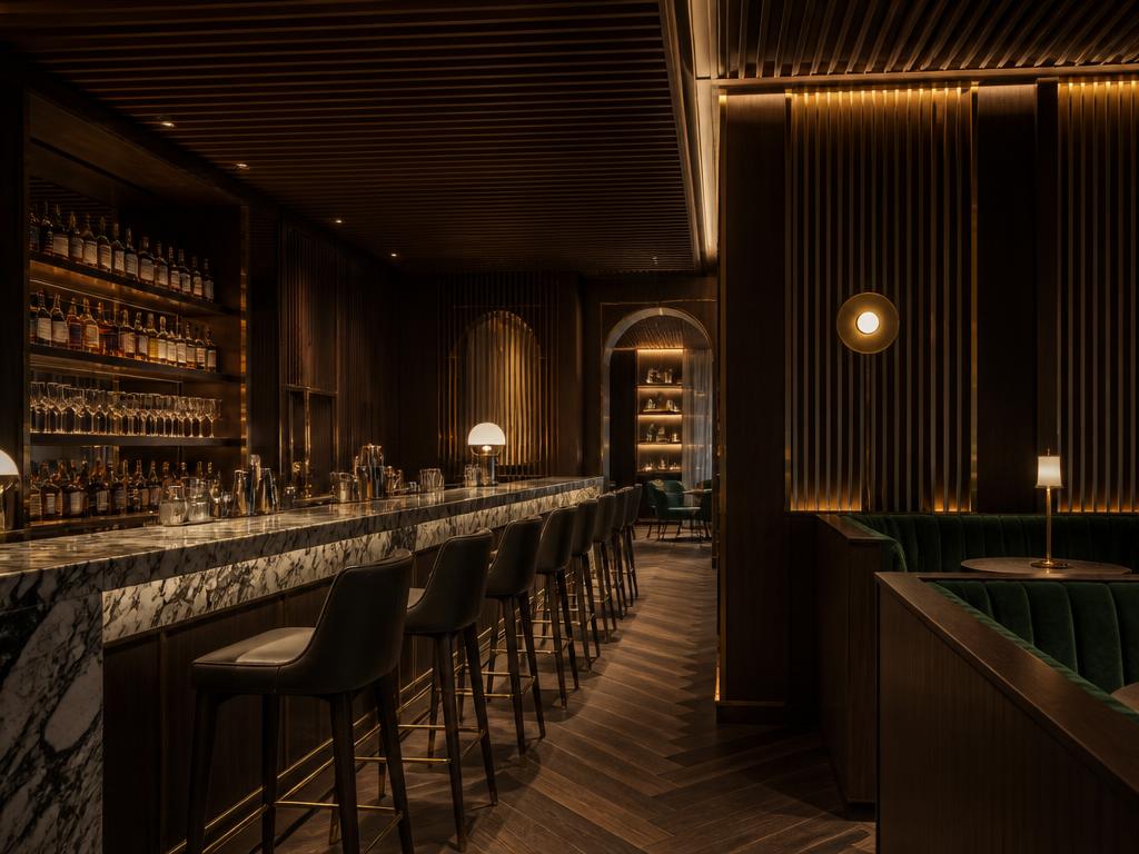 Custom commercial millwork in a dark wood bar and lounge with marble counter and LED lighting