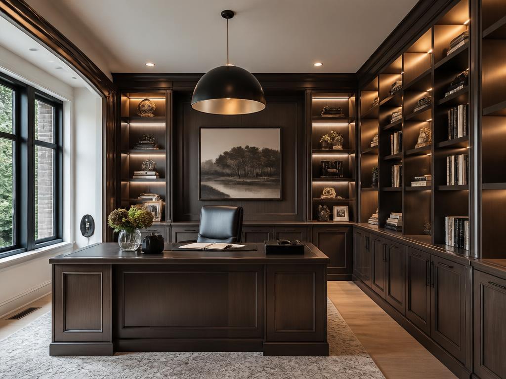 Custom built-in home office millwork with lit shelving