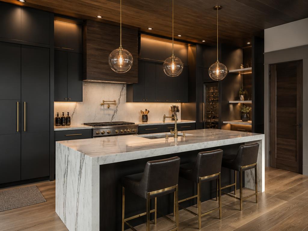 Custom luxury kitchen with dark cabinetry and marble waterfall island