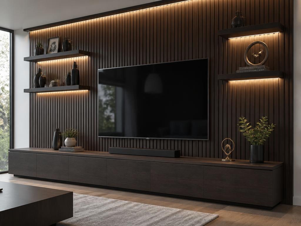 Modern custom entertainment center with slatted wood wall and backlit shelves